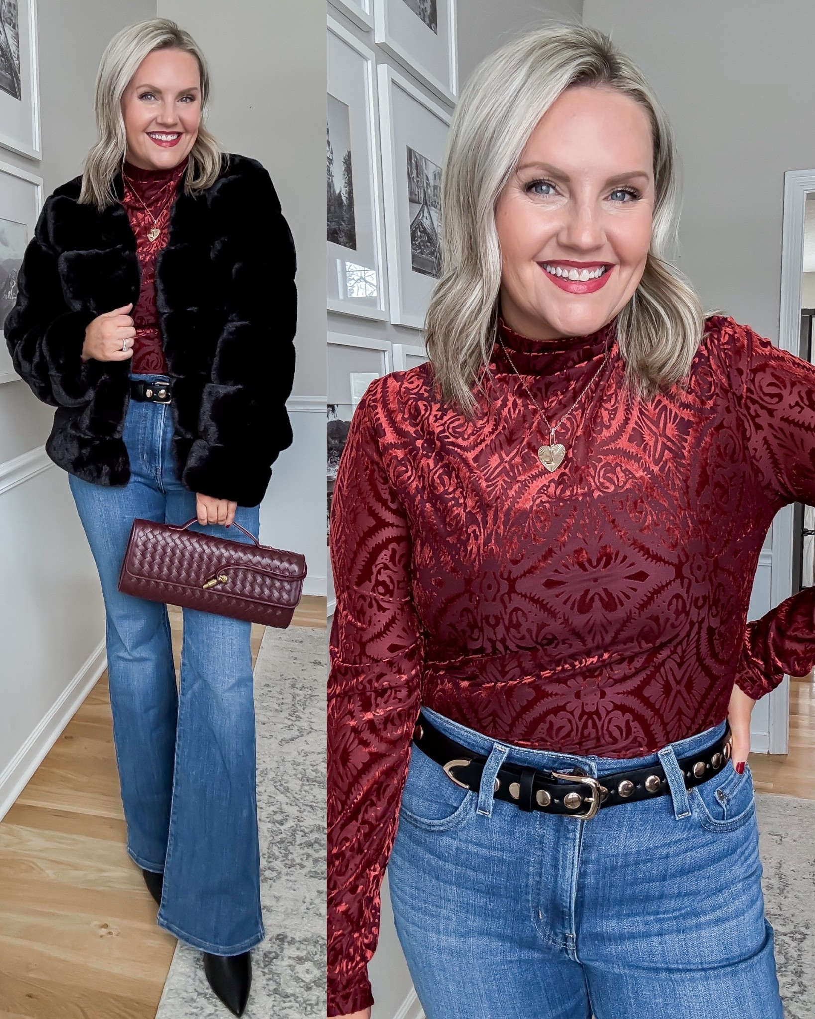 Love this textured mesh top with these most flattering flare jeans for a winter date night outfit! Evaluate the look with accessories and the prettiest faux fur jacket. 🤩 This outfit looks so expensive but it is all very affordable! 

Top & jacket - medium
Jeans run tts 

#LTKHoliday #LTKOver40 #LTKootd