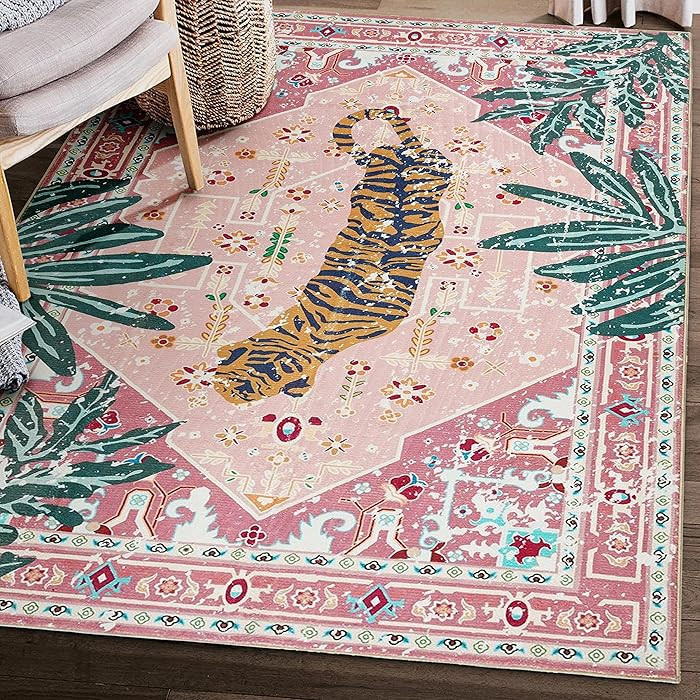 Washable Pink Rugs Boho Vintage Tropical Jungle 5x7 Area Rugs Jungle Oriental Carpet for Bedroom ... | Amazon (US)