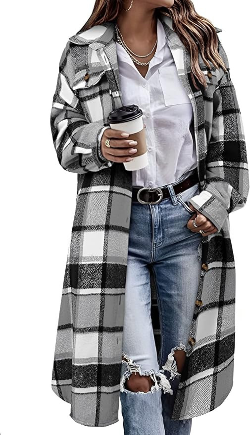 Himosyber Women's Casual Plaid Lapel Woolen Button Up Pocketed Long Shacket Coat | Amazon (US)