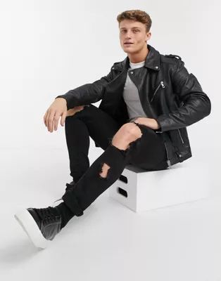 ASOS DESIGN leather biker jacket in black | ASOS (Global)