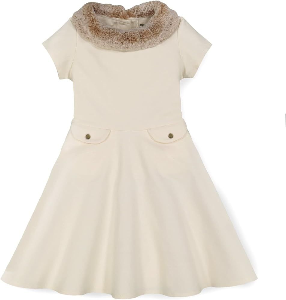 Hope & Henry Girls' Short Sleeve Ponte Skater Dress with Faux Fur Collar | Amazon (US)