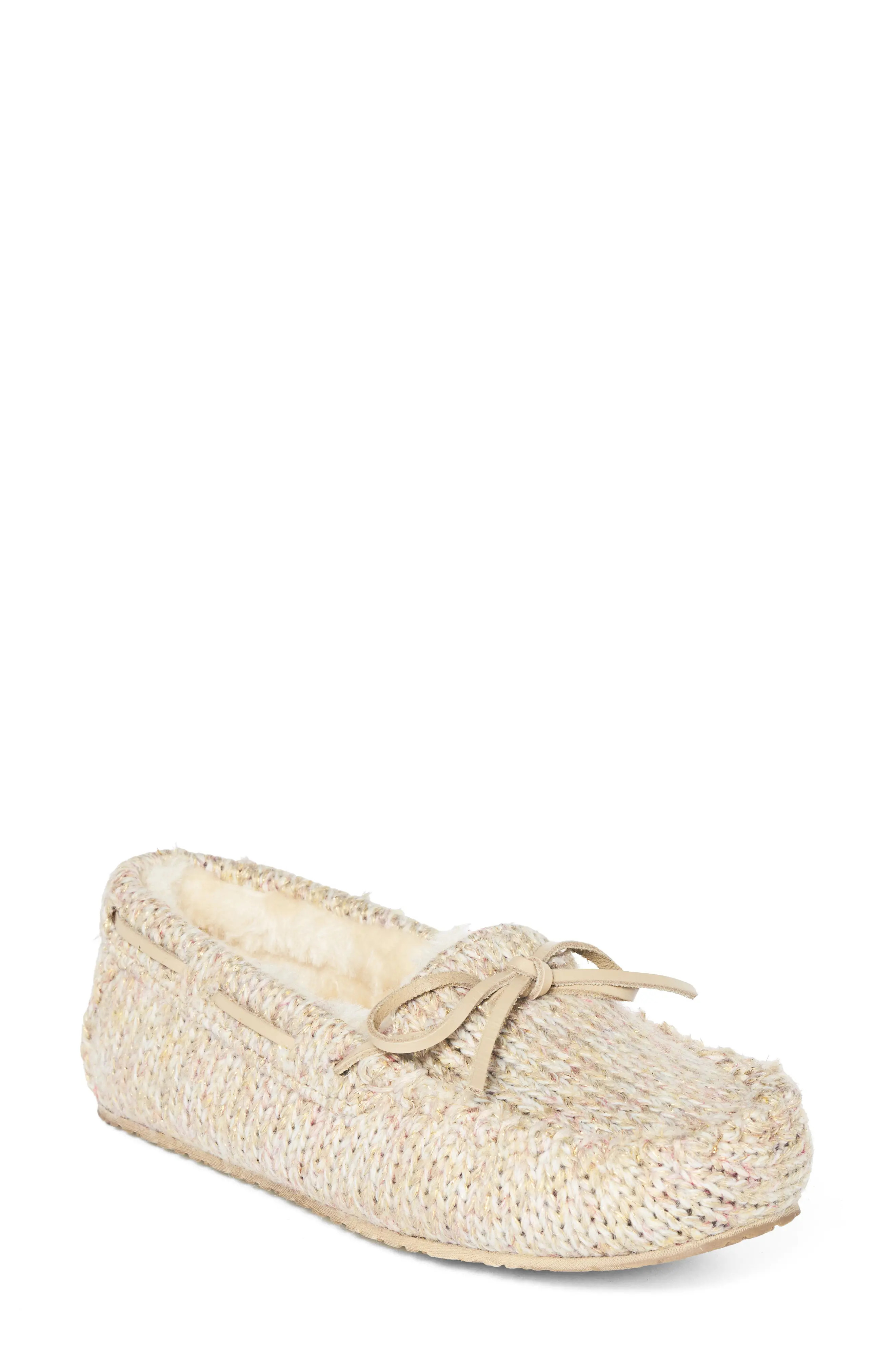 Minnetonka Shimmer Knit Moc Toe Slipper in Sparkle Tan at Nordstrom, Size 6 | Nordstrom