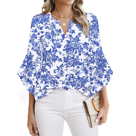 Fantaslook Blouses for Women 3/4 Ruffle Sleeve Summer Tops V Neck Business Work Blouse Dressy Cas... | Walmart (US)