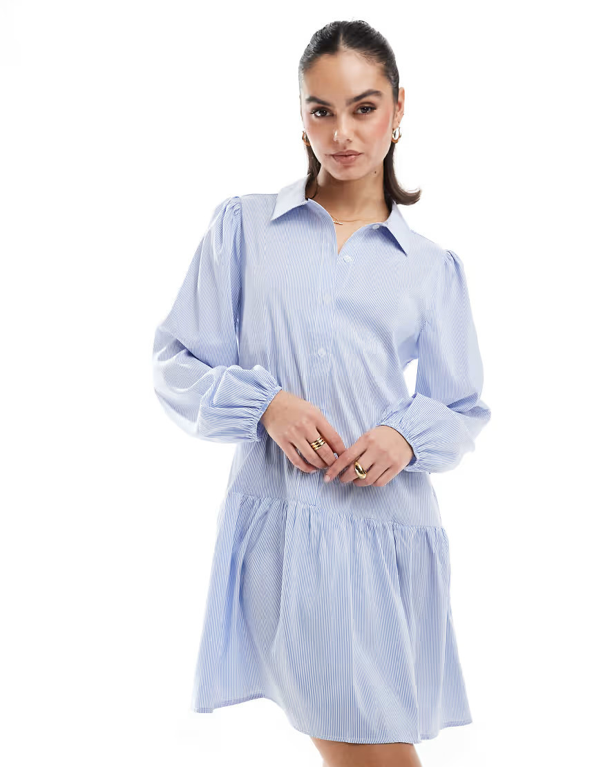 Miss Selfridge long sleeve mini shirt dress in stripe print-Blue | ASOS (Global)