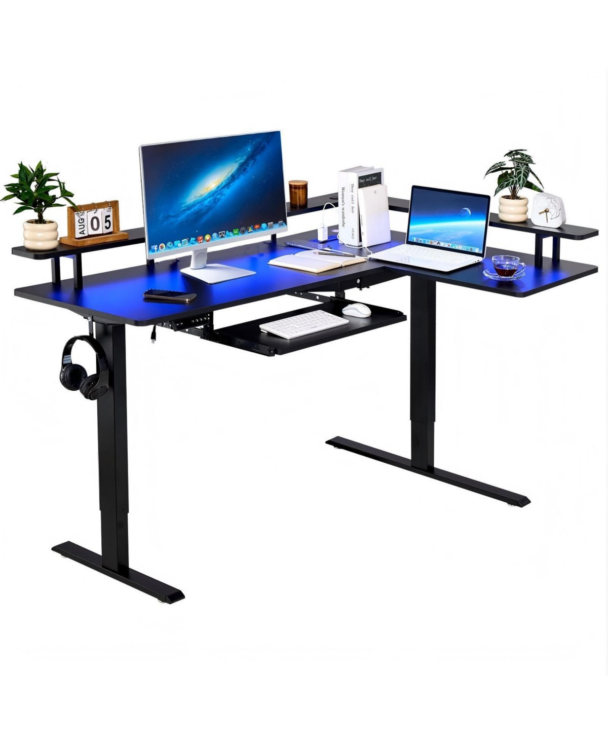 Gouun L Shaped Electric Standing Desk 63 x 43 in, Adjustable Height Corner Desk with Keyboard Tray and Power Strip - Black | Macy's