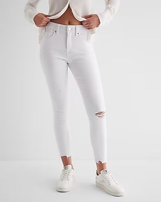 Mid Rise White Ripped Raw Hem Cropped Skinny Jeans | Express
