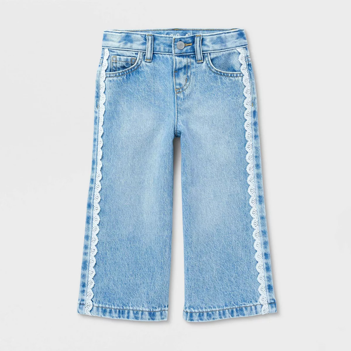 Toddler Girls' Lace Trim Wide Leg Denim Pants - Cat & Jack\u2122 Light Wash 3T | Target
