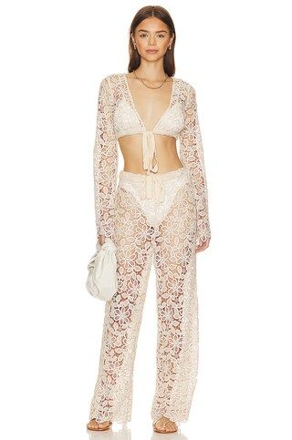 Fortuna Crop Top in Santorini Sand White Lace Top White Crop Top Tie Front Top Long Sleeve White Top | Revolve Clothing (Global)