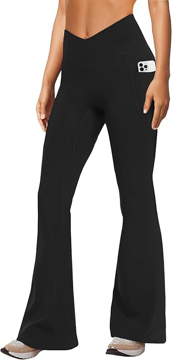 Women's Yoga Pants with Pockets No Front Seam Crossover High Waisted Flare Leggings Tummy Control... | Amazon (US)