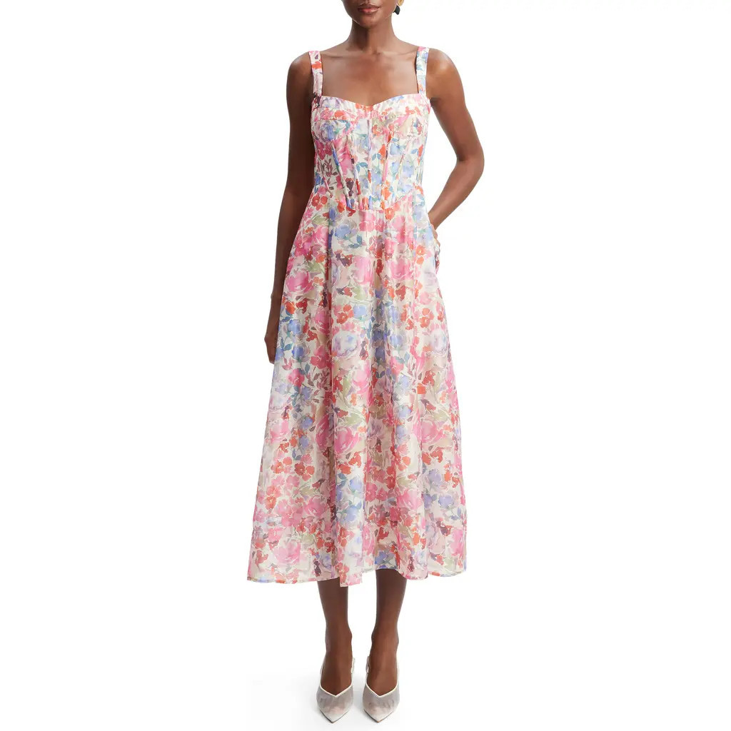 Bardot Lilah Floral Corset Midi Dress in Pink Floral at Nordstrom, Size 6 | Nordstrom