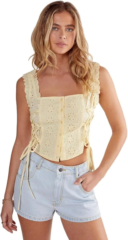 Nasty Gal Women's Soft Corset Broderie Lace Up Side Top | Amazon (US)