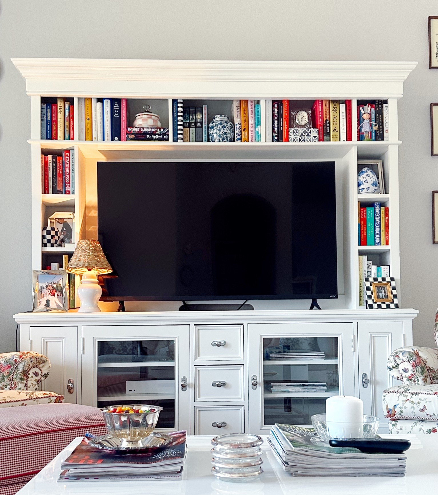 Living room, entertainment center,
Media console, tv stand, bookshelf, Nancy Meyers, cozy, cozy living room, cottage core, coastal grandmother 

#LTKmomlife #LTKdayinmylife #LTKHome