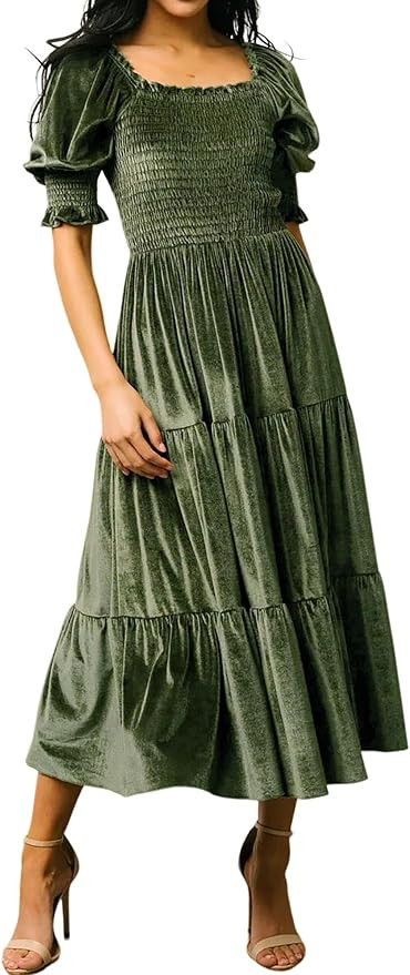 R.Vivimos Womens Fall Winter Velvet Dress Puff Sleeve Square Neck Smocked Tiered Ruffle A-Line Fl... | Amazon (US)