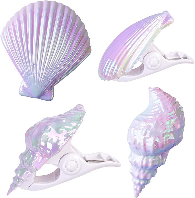 HolyMaji Iridescent Beach Towel Clips Set of 4 - Conch Shell Towel Clips for Beach Chairs to Keep... | Amazon (US)