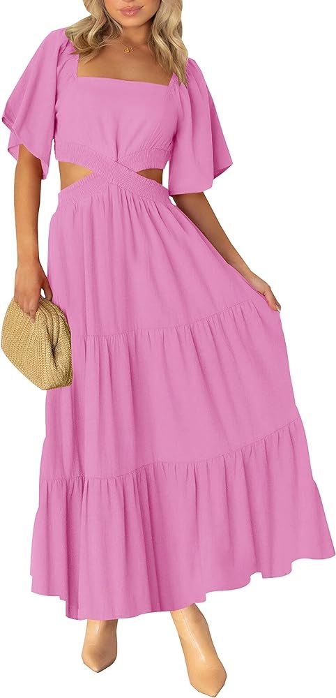 LEANI Women's 2023 Summer Cutout Maxi Dress Square Neck Short Sleeve Crossover Waist Casual Party Dr | Amazon (US)