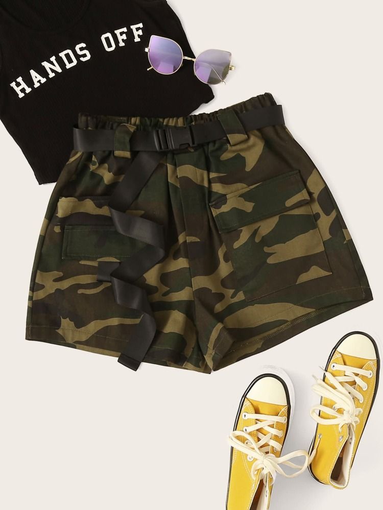 Camo Print Dual Pocket Belted Utility Shorts | SHEIN