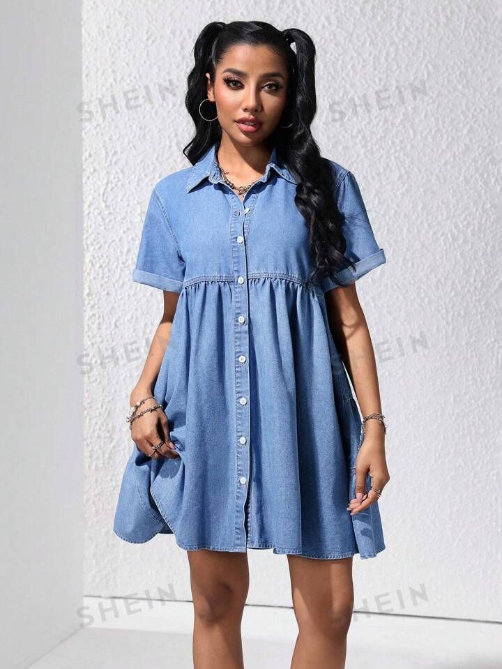 Women's Spring Summer Loose Fit Casual Denim Dress With Front Button Closure | SHEIN