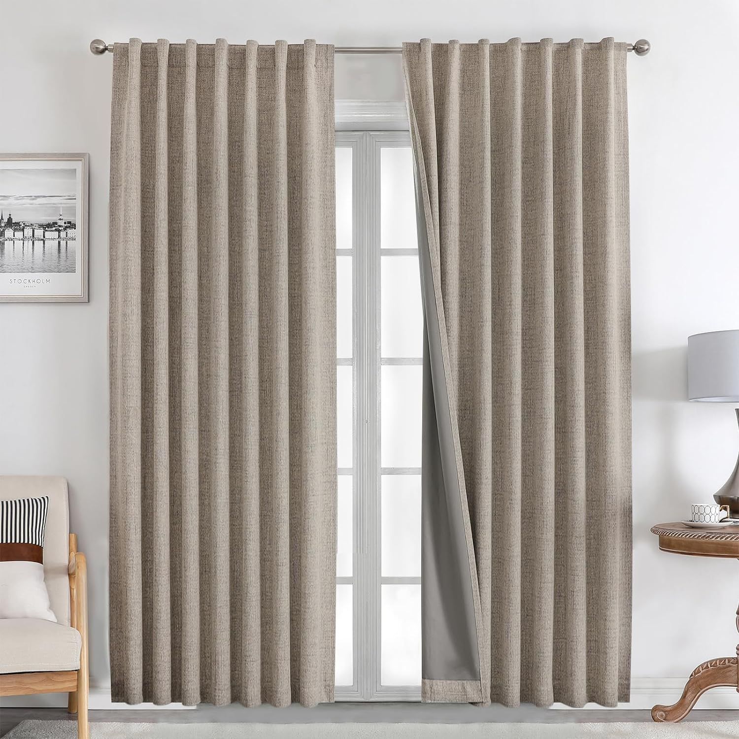 Joydeco Natural Linen Curtains 84 inch Length 2 Panels Set Burg 100% Blackout Long Drapes for Bed... | Amazon (US)