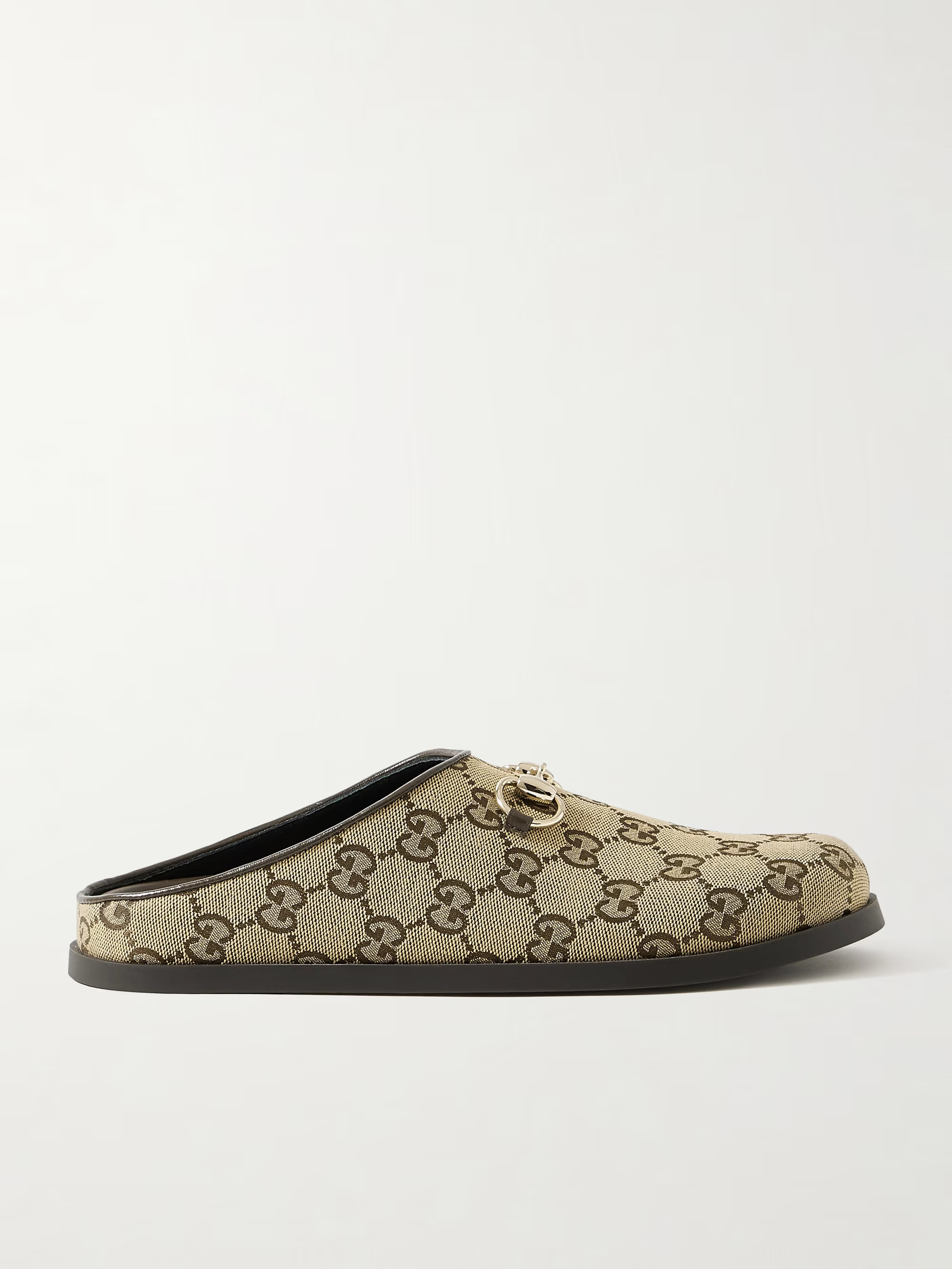 New Sol horsebit-detailed leather-trimmed canvas-jacquard slippers | NET-A-PORTER (US)