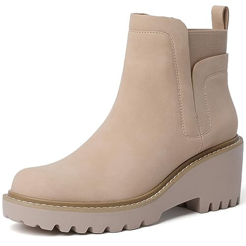 Mostrin Chelsea Boots for Women Platform Ankle Boots Chunky Lug Sole Boots Slip on Elastic Fall Boots Wedges Block Booties Beige Suede Boots Size 10 | Amazon (US)