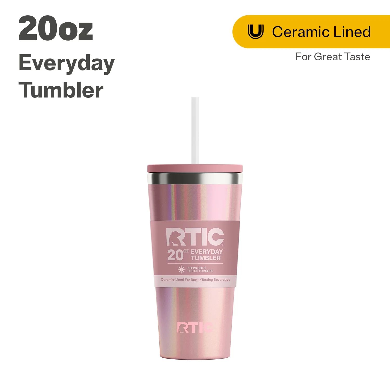 RTIC 20 oz Ceramic Lined Everyday Tumbler, Spill-Resistant Straw Lid, Dusty Rose Glitter | Walmart (US)