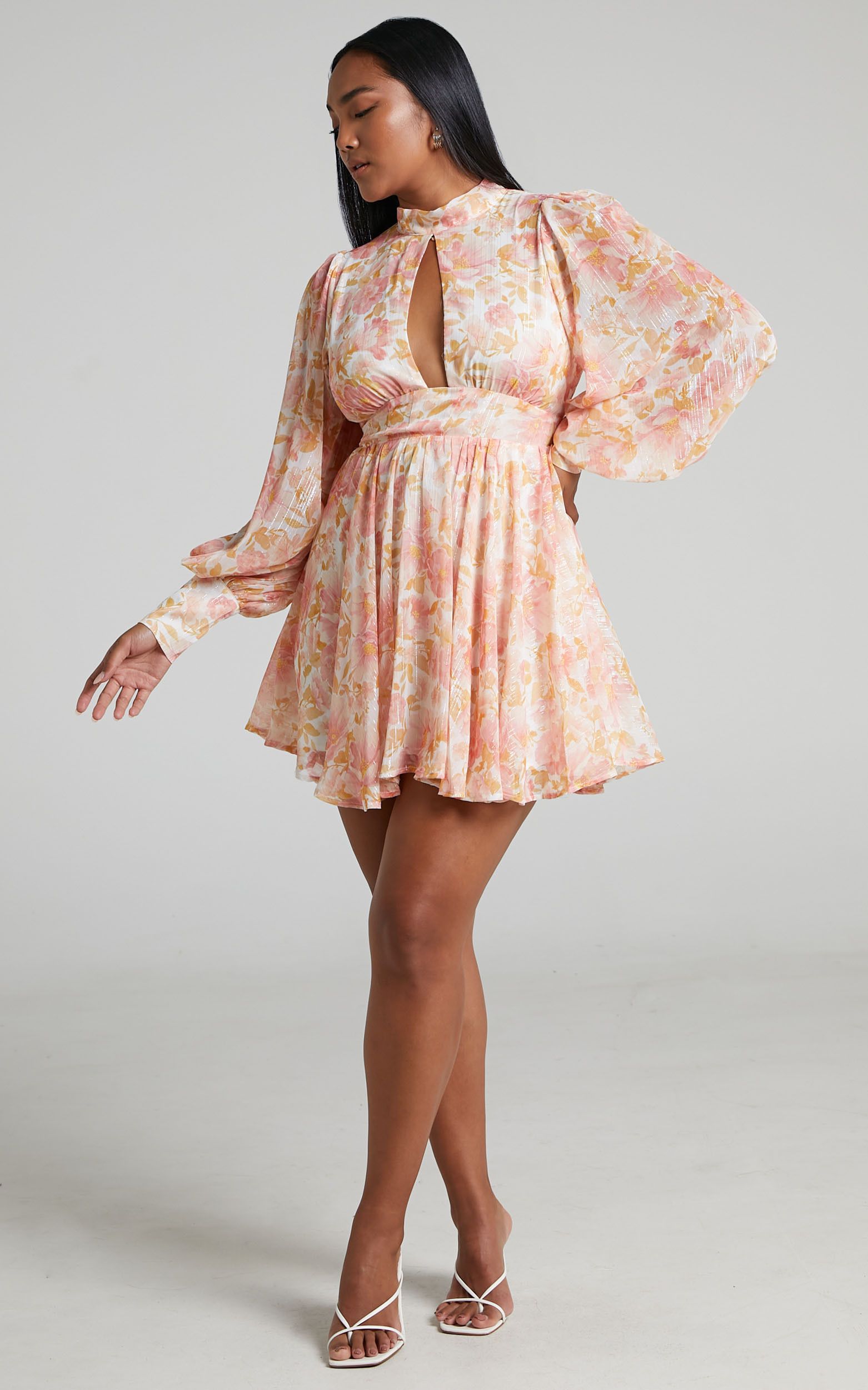 Shenea High Neck Balloon Sleeve Full Skirt Mini Dress in Sunset Floral | Showpo | Showpo - deactived