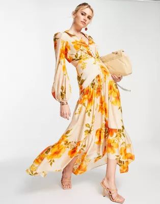 ASOS DESIGN tiered viole maxi dress with collar and button detail in orange floral | ASOS (Global)