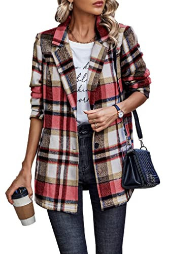 PRETTYGARDEN Women Plaid Shacket Jacket Trendy Fall Casual Button Wool Blend Tartan Trench Coat Winter Clothing with Pockets (Short Style Red,Medium) | Amazon (US)