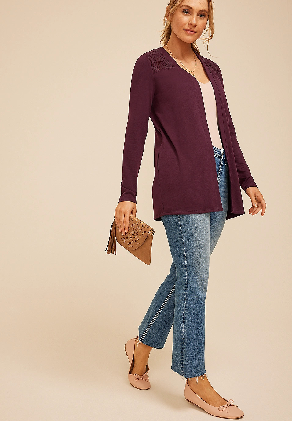 Purple Lace Open Front Cozy Cardigan | Maurices