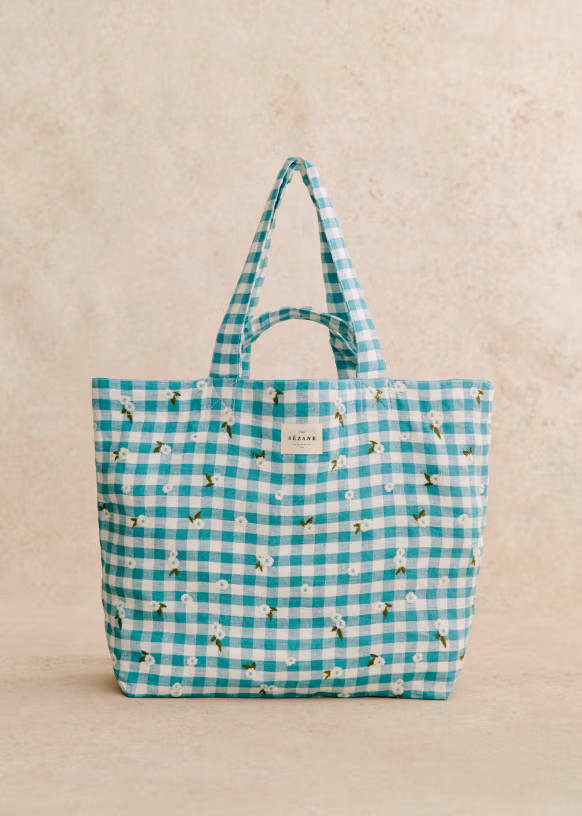 Big Totebag - Blue Gingham - Linen - Sézane | Sezane Paris - US