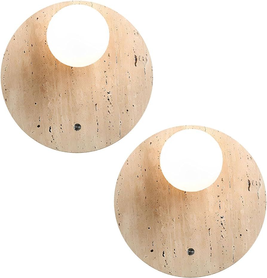 CATA-MEDICA Stone Wall lamp Set of 2 with Glass Lampshade Indoor Round Travertine Wall Sconce G9 ... | Amazon (US)