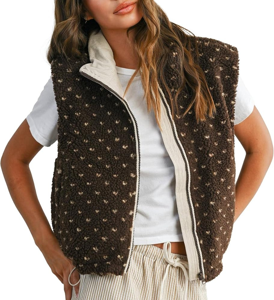 Slouchy Fleece Jacket Women Sleeveless High Neck Full Zipper Polka Dot Sherpa Vest Fuzzy Waistcoa... | Amazon (US)