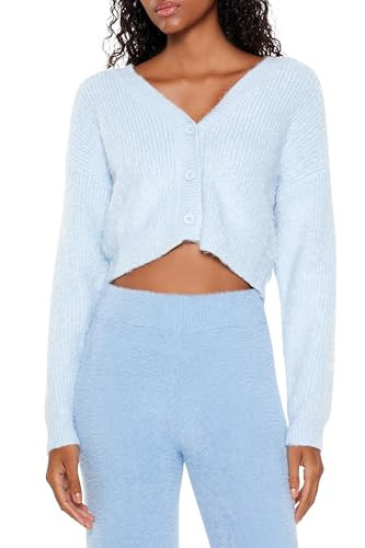 Forever 21 Women's Fuzzy Knit Cardigan Sweater Light Blue Small | Amazon (US)
