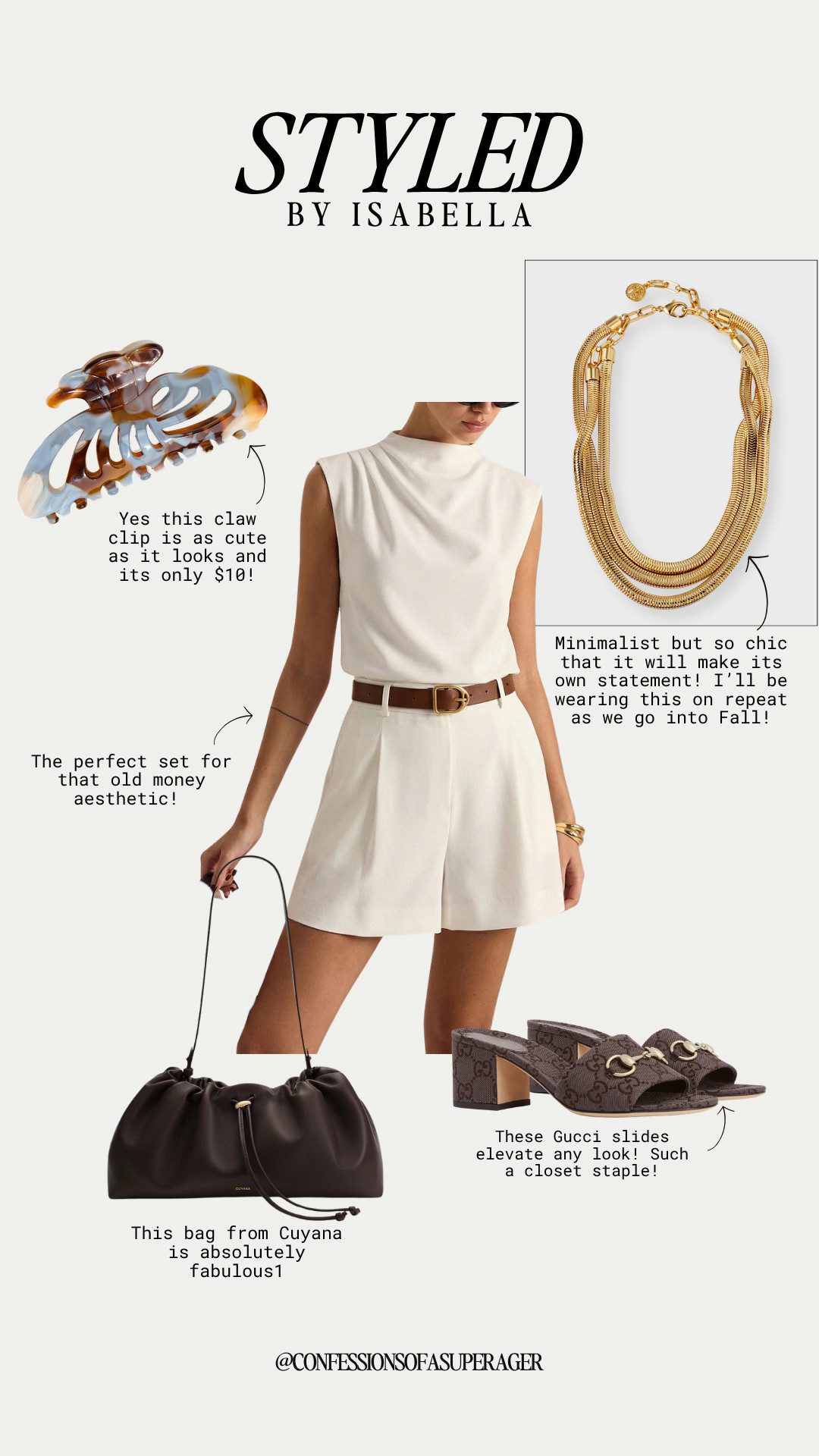 Summer to Fall fashion, but make it effortlessly chic 🤎 This ivory knit top and tailored shorts set is giving quiet luxury, old-money style, and timeless elegance. Add a statement gold necklace, structured black bag, and chic Gucci slides for an elevated look that works from brunch to dinner. Tap to shop this polished capsule wardrobe look! ✨ #LTKStyle #LTKFashion #FallFashion #QuietLuxury #OldMoneyStyle #CapsuleWardrobe #ClassicStyle #TimelessFashion #MinimalistStyle #ElevatedStyle #NeutralOutfit #ChicStyle #LuxuryStyle #FallOutfits #FashionOver40 #FashionOver50 #AgelessStyle #ConfessionsOfASuperAger

#LTKootd #LTKSeasonal #LTKOver40