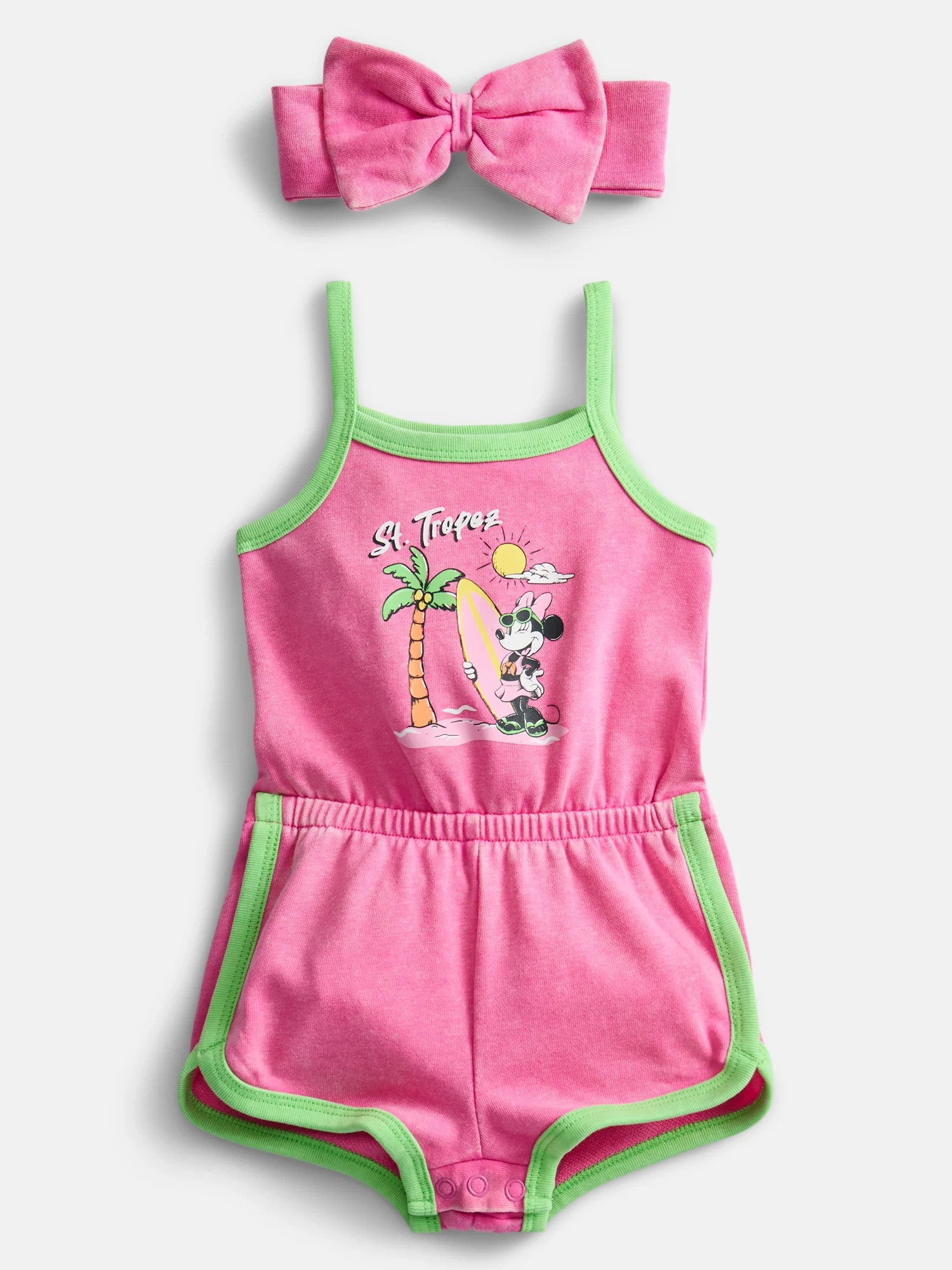 Minnie Mouse Baby Girls Sleeveless Graphic Romper with Matching Bow Headband, Sizes 0/3M-24M - Wa... | Walmart (US)