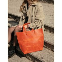 Orange Leather Tote Bag, Hanging Shoulder Leather, Shopping Bag Orange | Etsy (US)