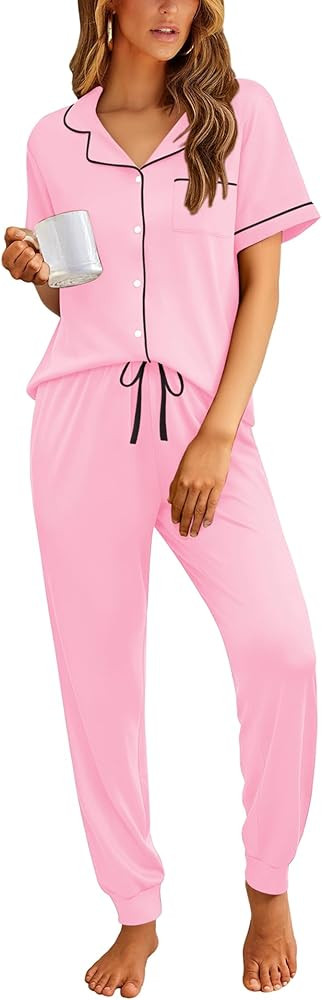 Ekouaer Women Pajama Set Short Sleeve Button Down Pjs Soft Comfy Sleepwear Nightwear with Jogger ... | Amazon (US)