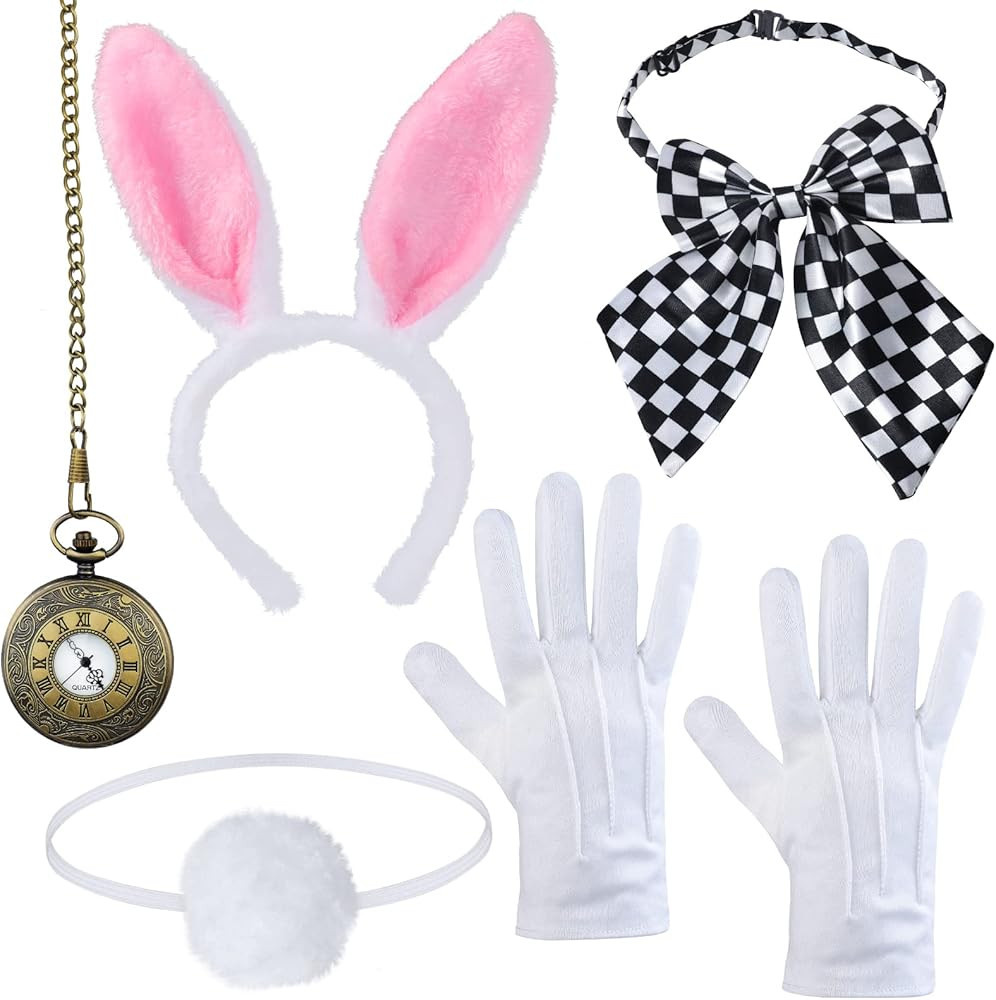 Easter White Rabbit Costume Bunny Dress Up Accessory Kit Include Headband Clock Necklace Tail Bow... | Amazon (US)