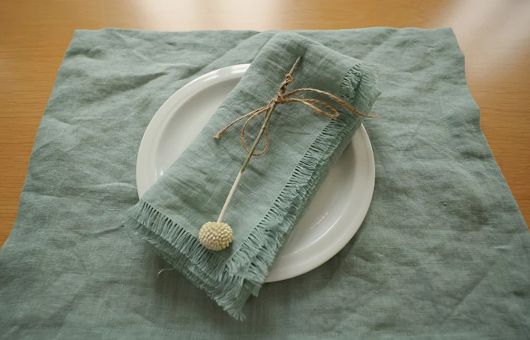 Raw Edge Smooth Linen Napkins in Sea Glass aqua Color. Various Color. Napkins With Fringe Set: 2,... | Etsy (US)