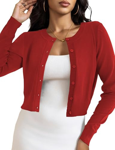 LETDIOSTO Cropped Cardigan Bolero Shrug for Women, Button Down Long Sleeve Knit Sweater for Dresses,for Jeans,Red XS | Amazon (US)