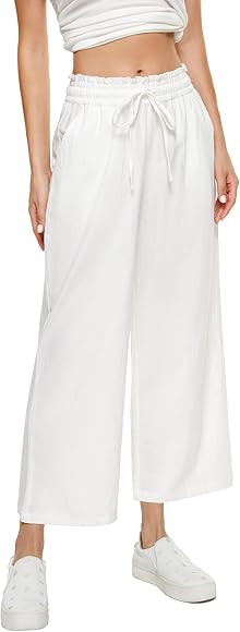 BXZUSIO Womens Linen Pants Wide Leg High Waisted Drawstring 100% Linen Flowy Beach Crop Pants wit... | Amazon (US)