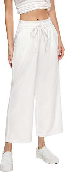 BXZUSIO Womens Linen Pants Wide Leg High Waisted Drawstring 100% Linen Flowy Beach Crop Pants wit... | Amazon (US)