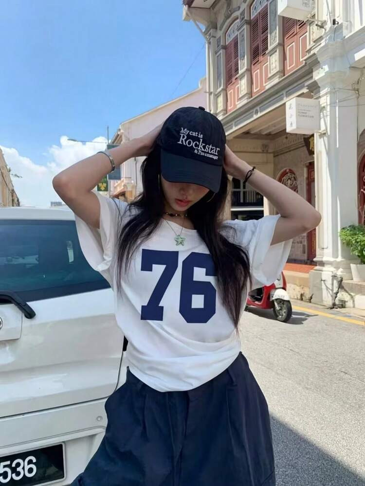 Women's Casual Oversized Short Sleeve Tee - Number 76 Navy Print Graphic White Top For Daily Street Outings/Campus Casual Wear | SHEIN
