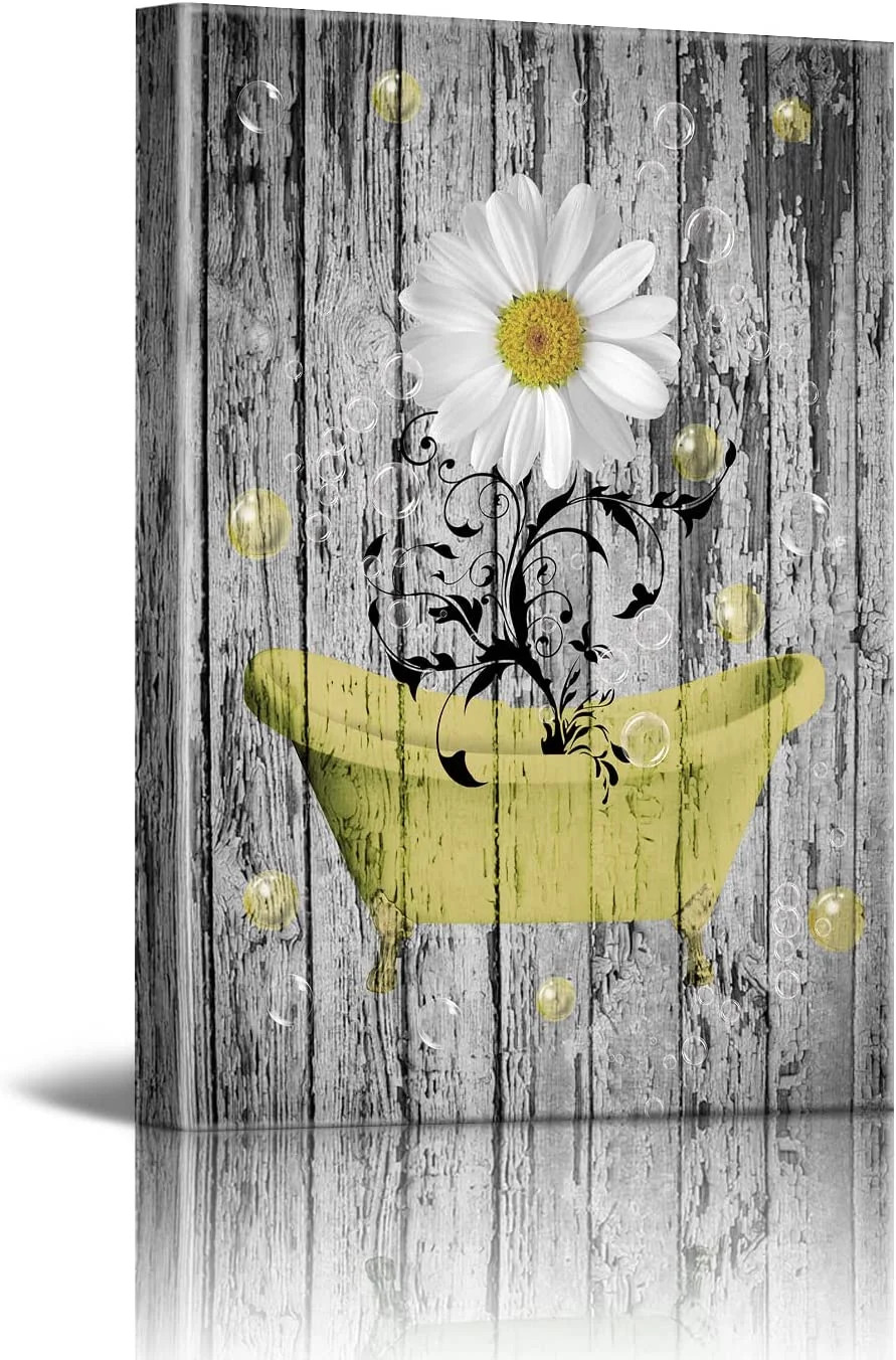 Daisy Canvas Pictures Bathroom Wall Art Modern Flower Bathtub Artwork Rustic Wood Board Backgroun... | Walmart (US)