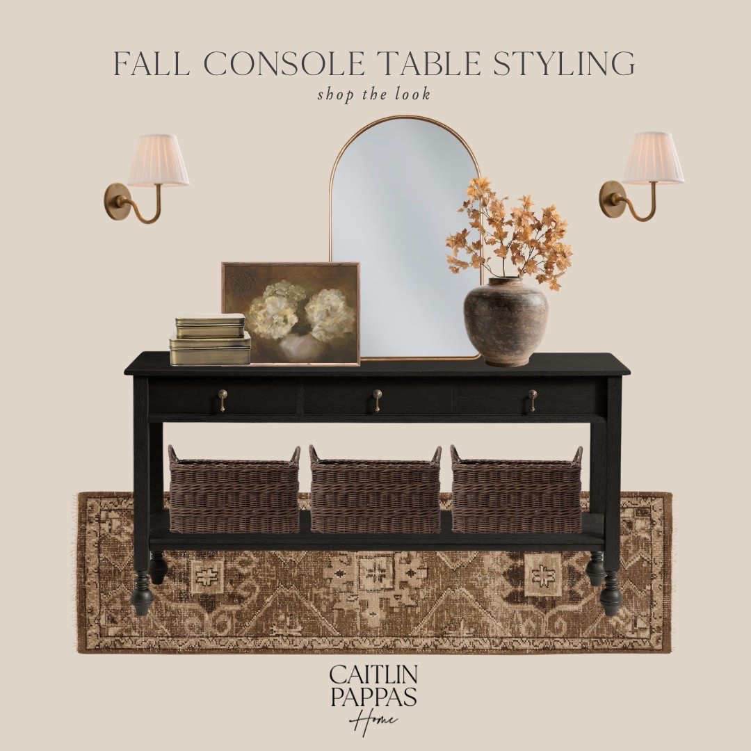 Fall console table styling inspiration 🖤🍂 The prettiest autumn decor for a warm welcome in your home entry. I love how these brown baskets are styled with the black console table, and the gold vintage accents are so pretty too.

#LTKHome #LTKSeasonal