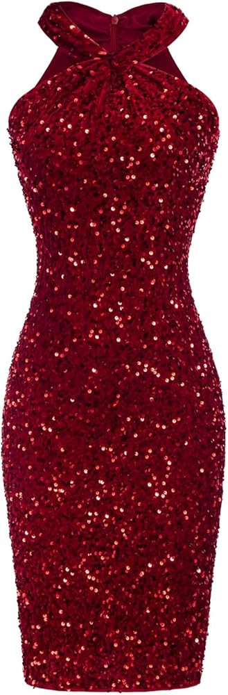 GRACE KARIN Sequin Dress for Women Sleeveless Sparkly Glitter Halter Dress Bodycon Mini Club Dres... | Amazon (US)