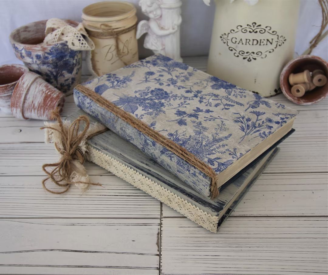 French Toile Design Book Stack Blue and Floral Decor Books - Etsy | Etsy (US)
