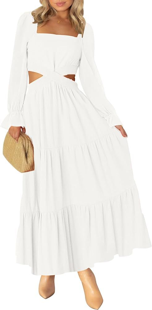MEROKEETY Women's 2024 Long Sleeve Cutout Maxi Dress Square Neck Crossover Waist Ruffle Tiered Ca... | Amazon (US)