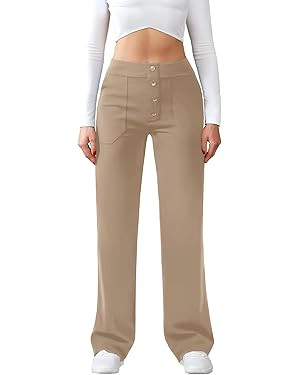 Womens Casual High Waist Straight Leg Pants Stretchy Button Business Dress Work Pocket Trousers | Amazon (US)