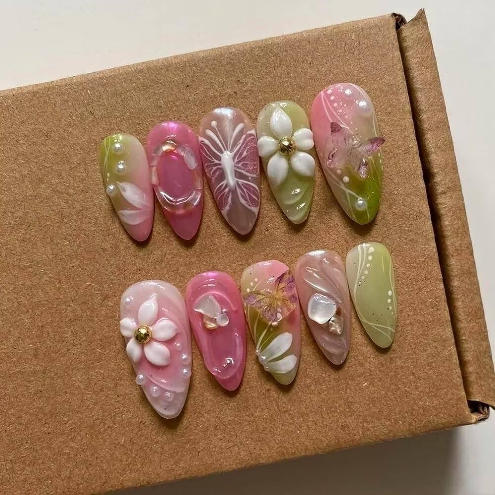 Press On Nails - Medium Almond Handmade Unique Fake Nails, Green and Pink Pairing, Thick Acrylic ... | Amazon (US)